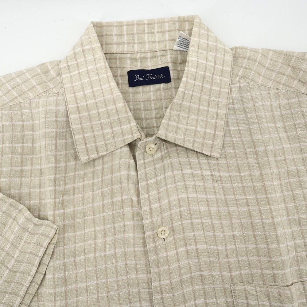 Paul Fredrick Linen Button Down Shirt Tan Short Sleeve Short Sleeve Mens L Flaws